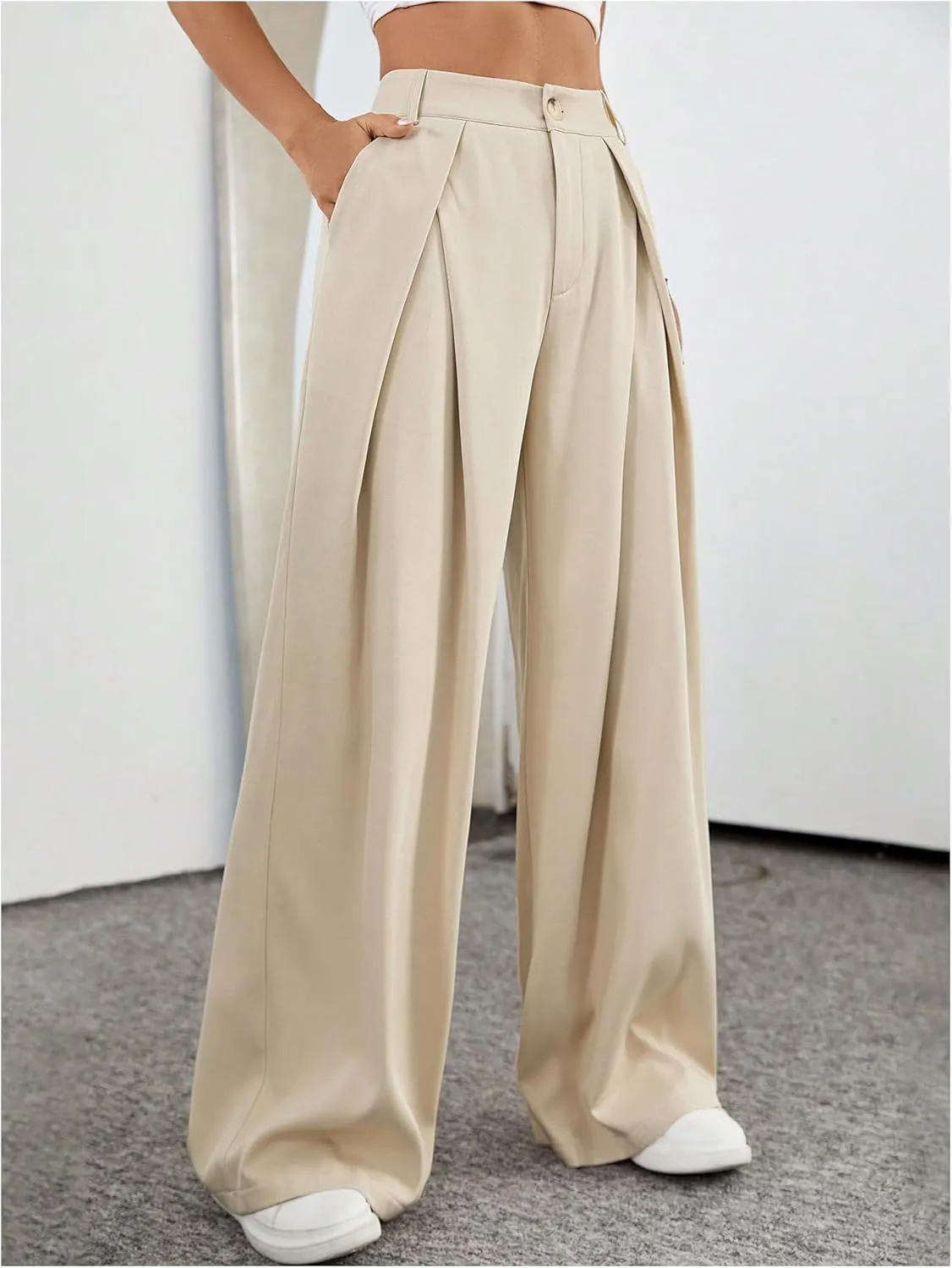 Floerns Women's Elegant Wide Leg Tapered Suit Pants Office Pleated Trousers