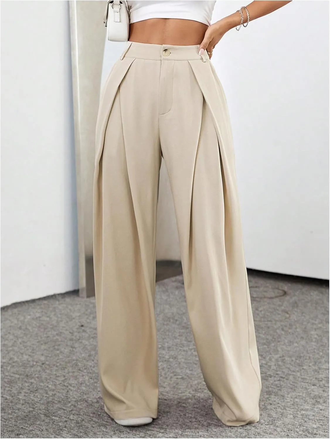 Floerns Women's Elegant Wide Leg Tapered Suit Pants Office Pleated Trousers