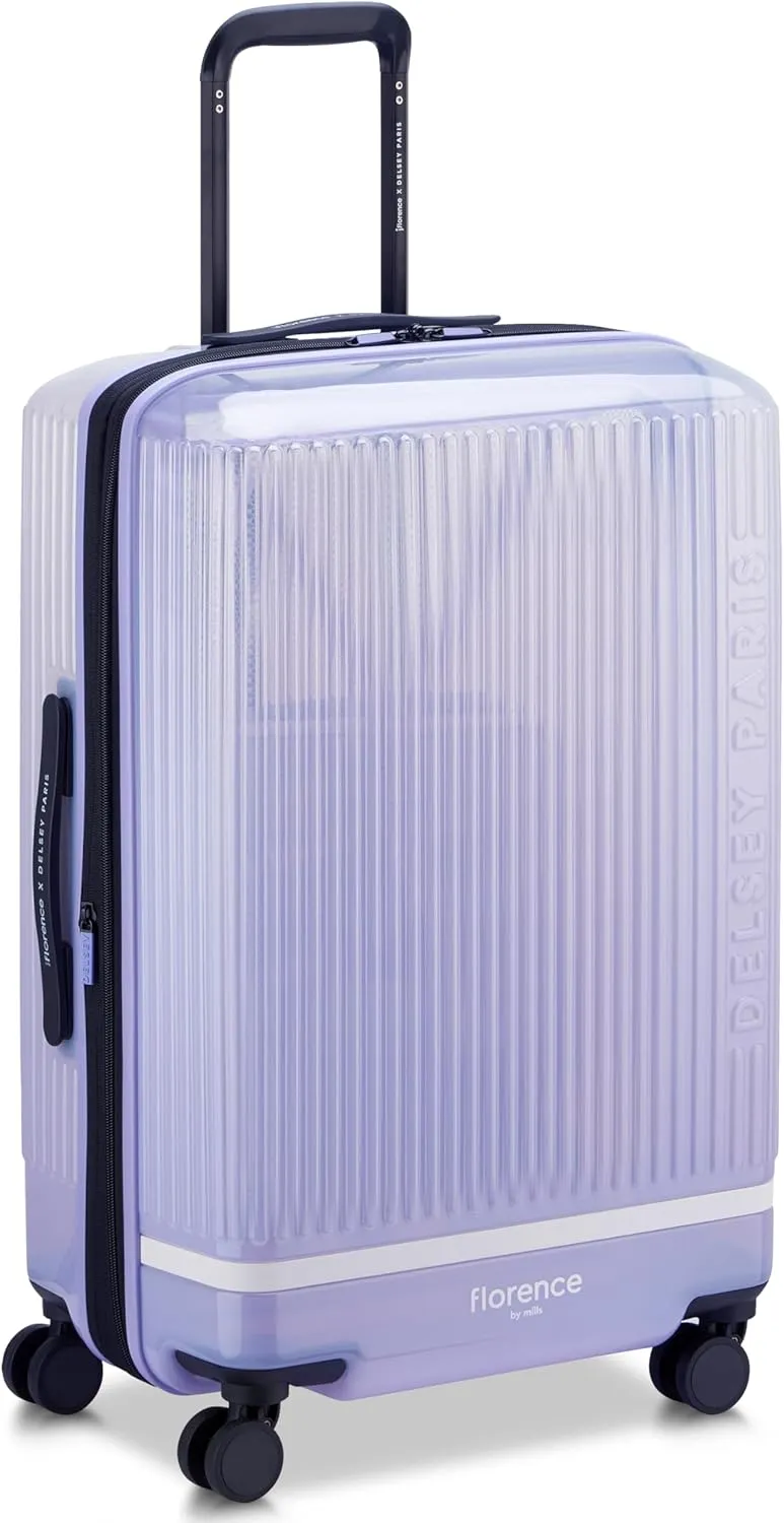 florence by mills Gotta Glow Hardside Expandable Luggage with Spinner Wheels, Translucent See-Thru Purple, Checked-Medium 24 Inch
