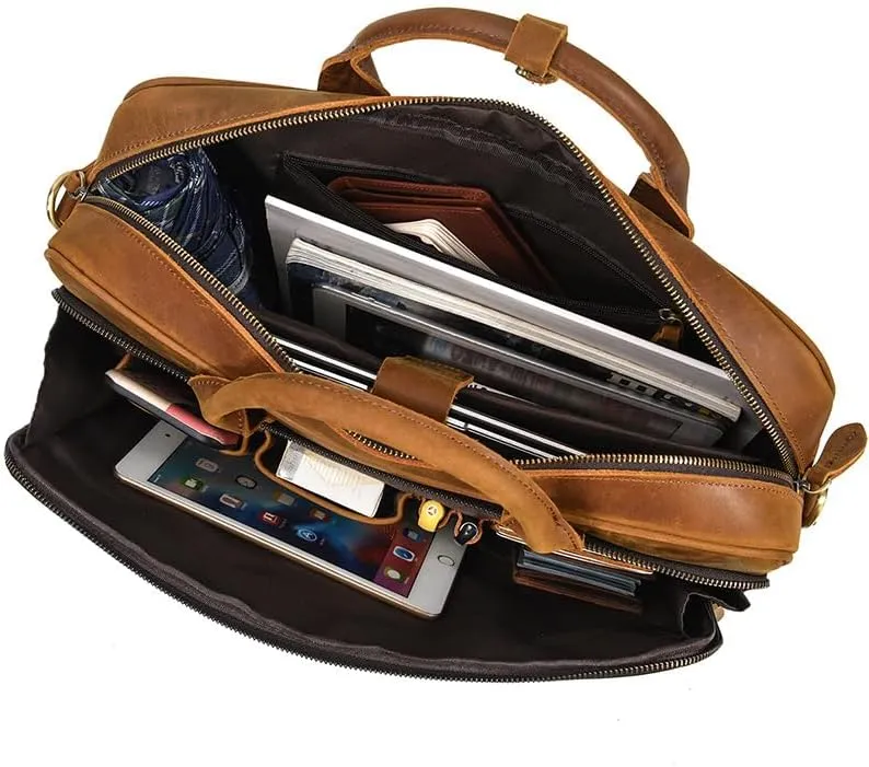 Full Grain Leather Briefcase Laptop Bag Shoulder Messenger Bag for Business or Travel Men' handbag