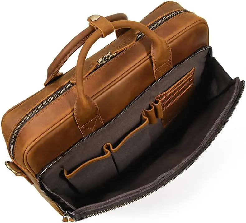 Full Grain Leather Briefcase Laptop Bag Shoulder Messenger Bag for Business or Travel Men' handbag