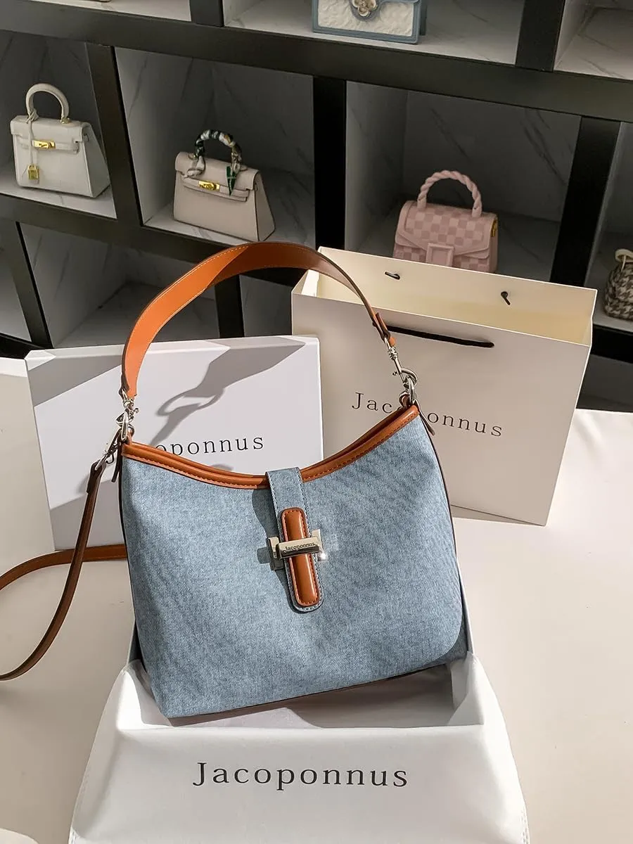 Genuine leather denim blue hobo bag female 2024 new bag light luxury senior sense of niche commuter Tote bag