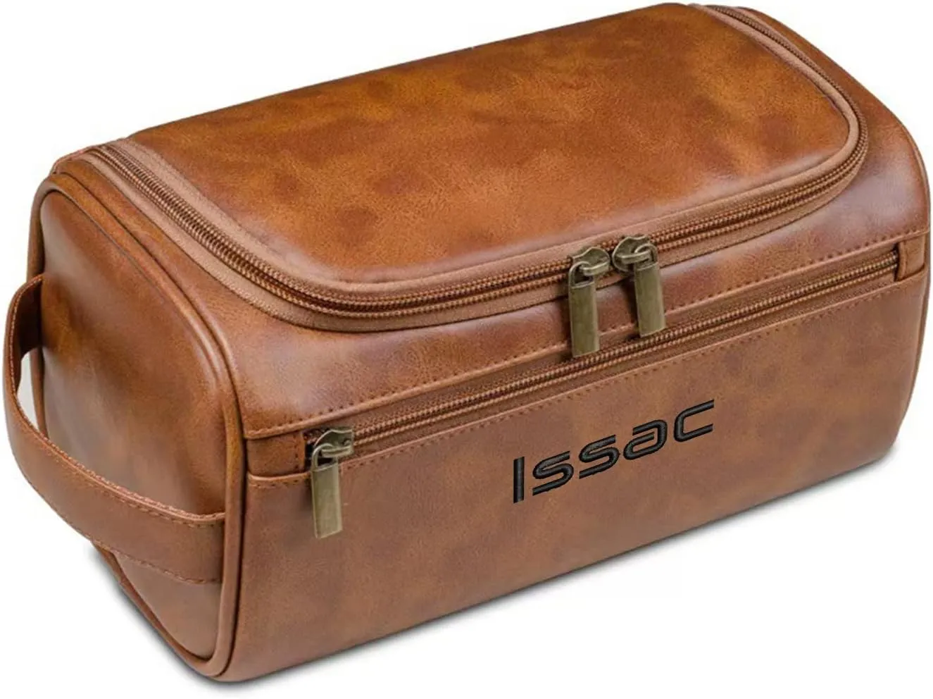 GOPHIE Personalized Embroidered Men's Leather Toiletry Bag,Travel Toiletry Bag for Men,PU Leather Waterproof Travel Shaving Dopp Kit (1, Light Brown)
