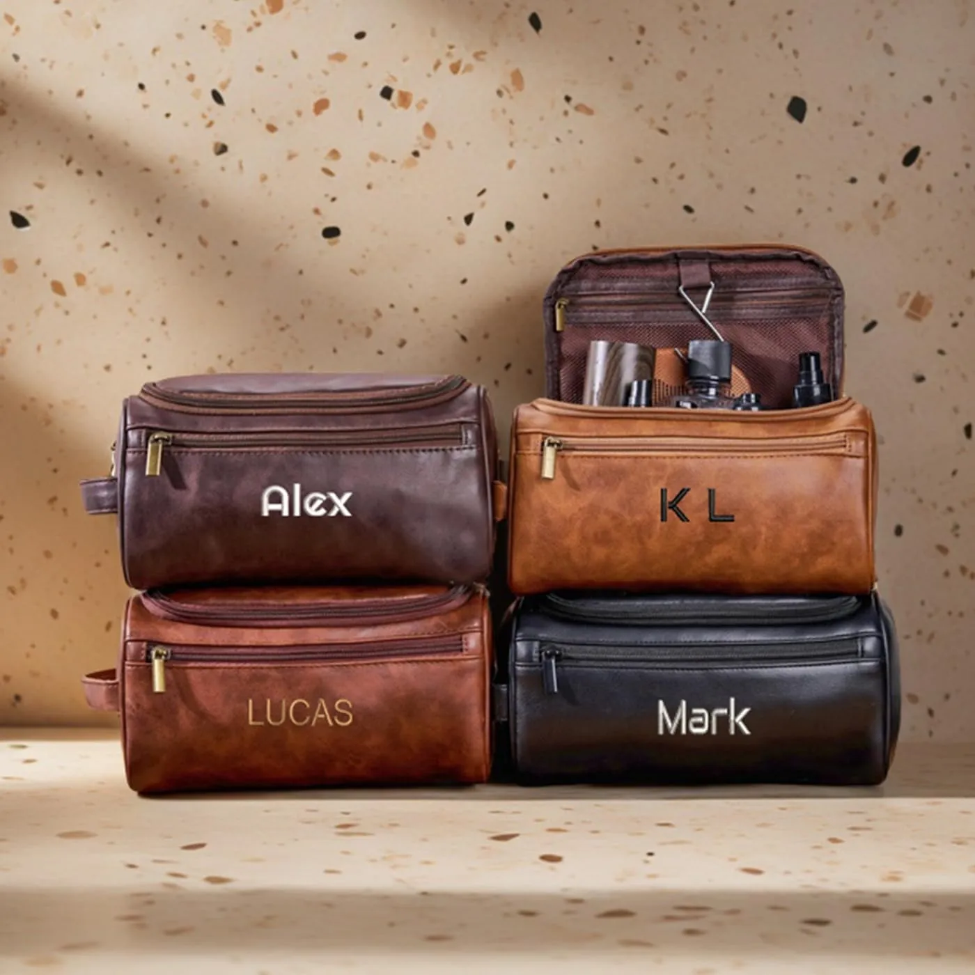 GOPHIE Personalized Embroidered Men's Leather Toiletry Bag,Travel Toiletry Bag for Men,PU Leather Waterproof Travel Shaving Dopp Kit (1, Light Brown)