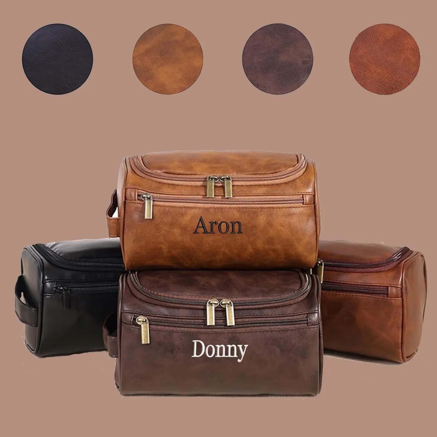 GOPHIE Personalized Embroidered Men's Leather Toiletry Bag,Travel Toiletry Bag for Men,PU Leather Waterproof Travel Shaving Dopp Kit (1, Light Brown)