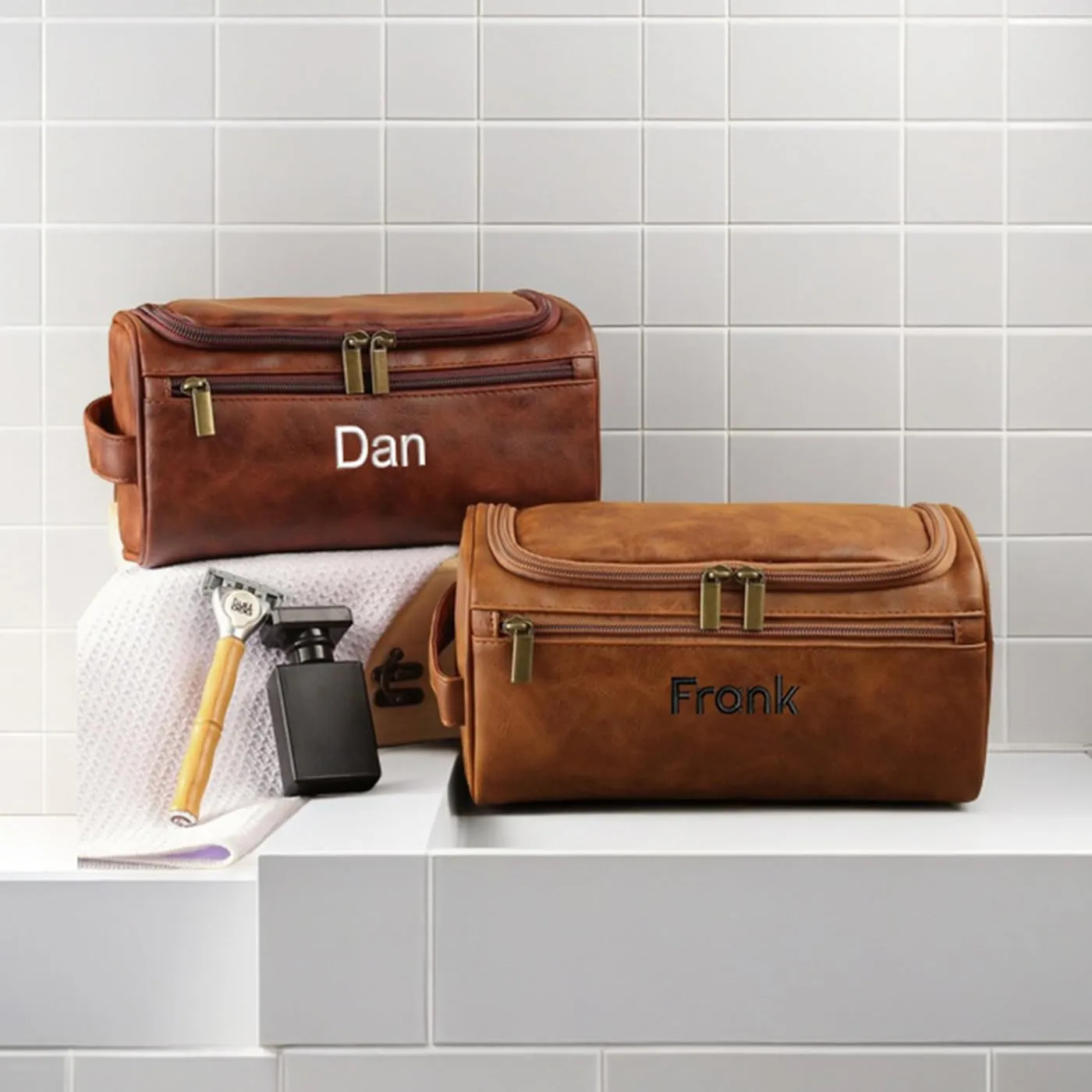 GOPHIE Personalized Embroidered Men's Leather Toiletry Bag,Travel Toiletry Bag for Men,PU Leather Waterproof Travel Shaving Dopp Kit (1, Light Brown)