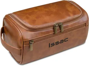 GOPHIE Personalized Embroidered Men's Leather Toiletry Bag,Travel Toiletry Bag for Men,PU Leather Waterproof Travel Shaving Dopp Kit (1, Light Brown)