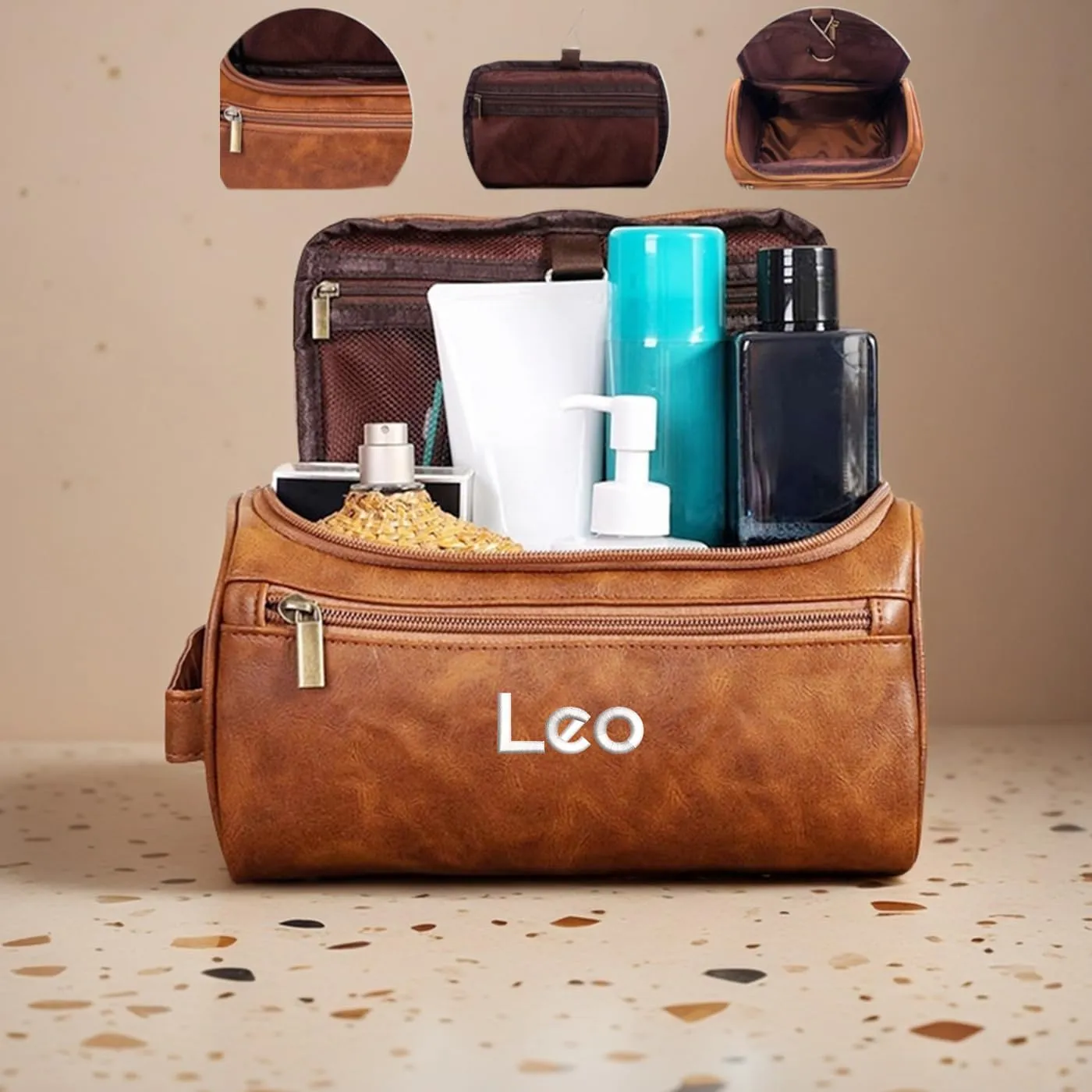 GOPHIE Personalized Embroidered Men's Leather Toiletry Bag,Travel Toiletry Bag for Men,PU Leather Waterproof Travel Shaving Dopp Kit (1, Light Brown)