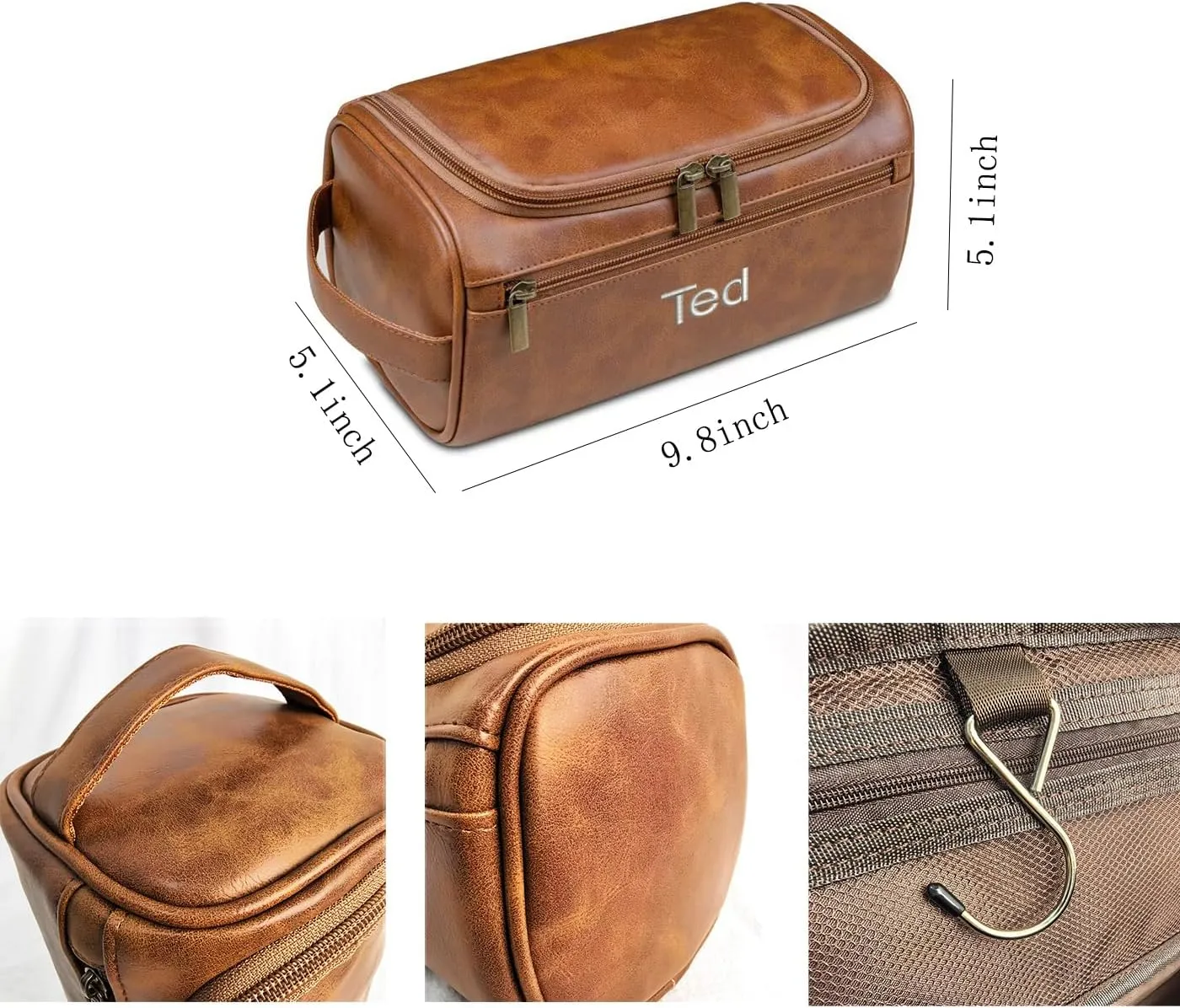 GOPHIE Personalized Embroidered Men's Leather Toiletry Bag,Travel Toiletry Bag for Men,PU Leather Waterproof Travel Shaving Dopp Kit (1, Light Brown)