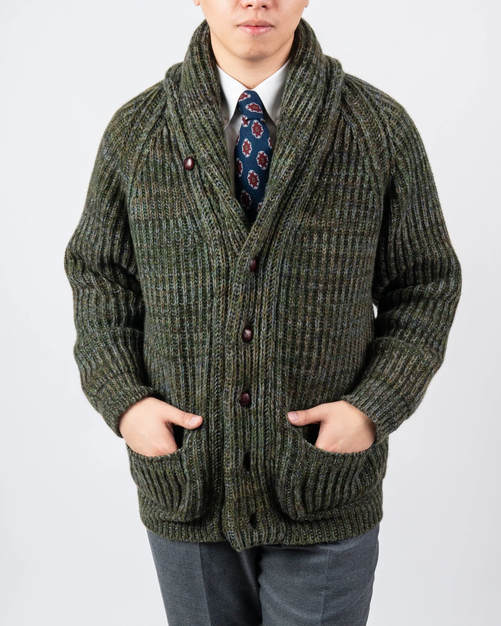 Green Fern Chunky Cashmere Shawl Cardigan Sweater