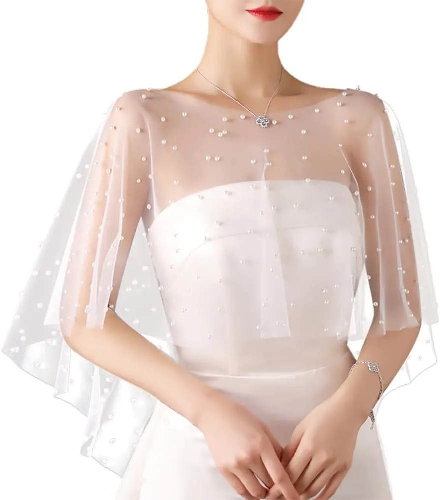 GSHLLO Wedding Bridal Cloaks Faux Pearl Wedding Cape Short Shoulder Cover up Cape Beaded Evening Wrap Shawl Dress Prom Party Accessories for Women