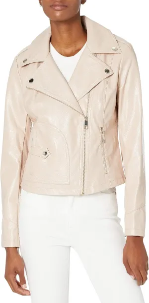 GUESS Women's Faux Leather Moto Jacket with Snake Embossed Print