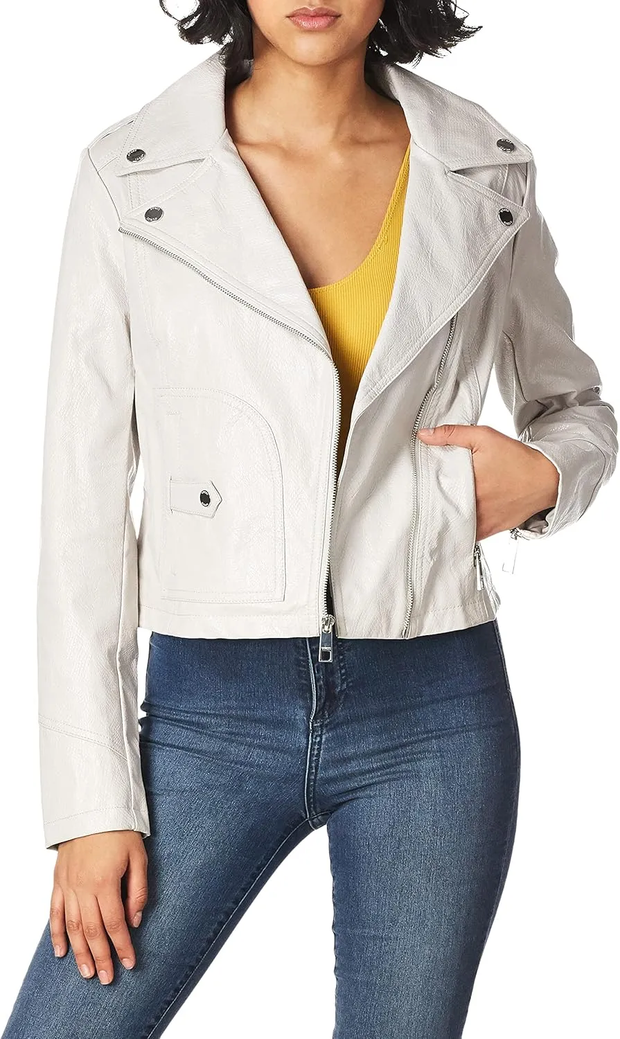 GUESS Women's Faux Leather Moto Jacket with Snake Embossed Print