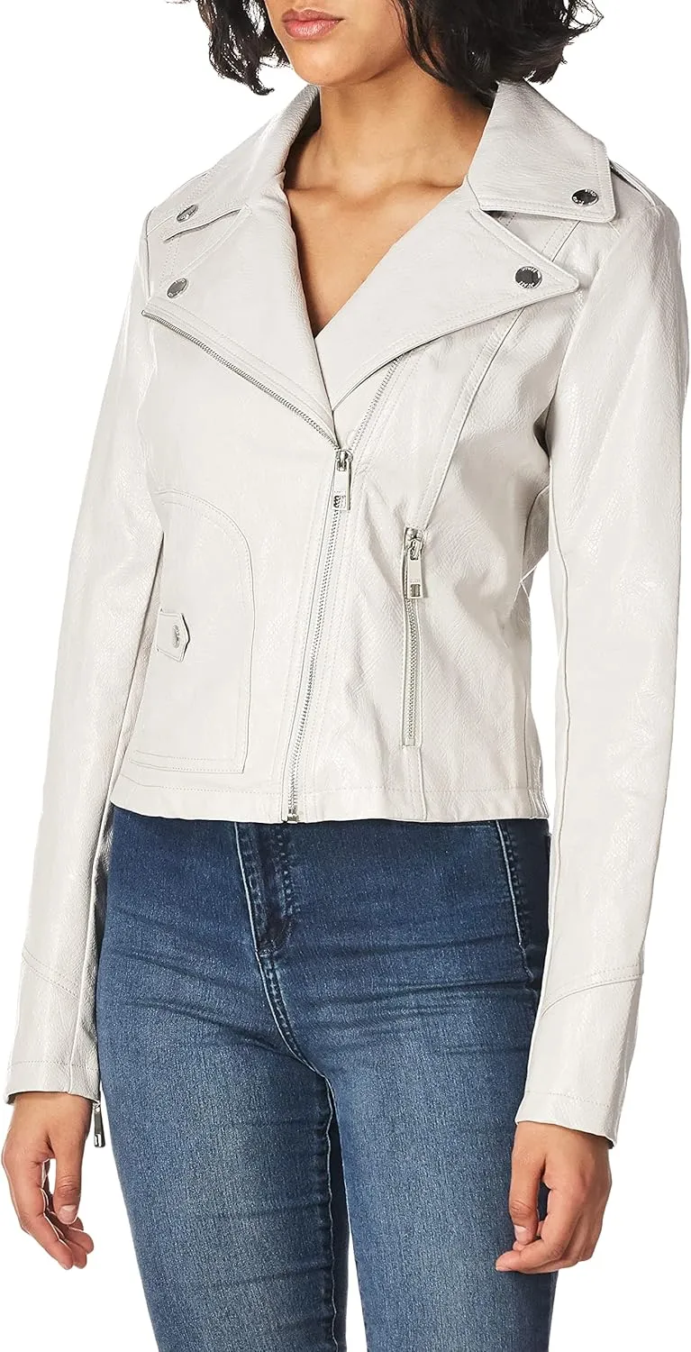 GUESS Women's Faux Leather Moto Jacket with Snake Embossed Print