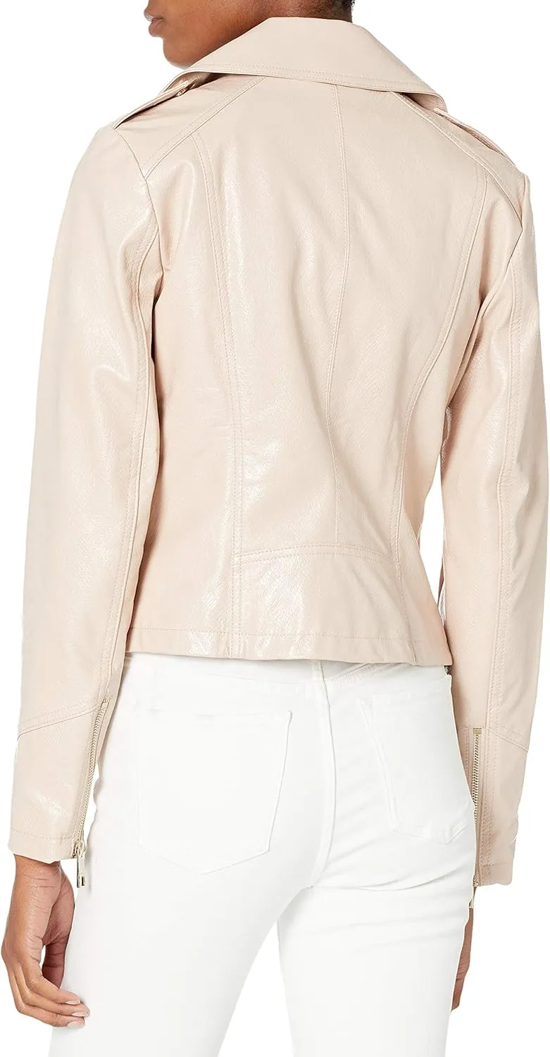 GUESS Women's Faux Leather Moto Jacket with Snake Embossed Print