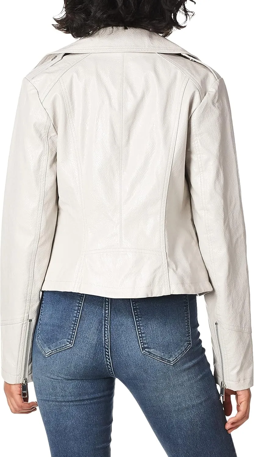 GUESS Women's Faux Leather Moto Jacket with Snake Embossed Print