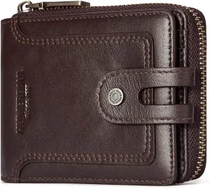gzcz Zipper Wallet For Men Genuine Leather RFID Blocking Bifold Wallet for ID Window, Zip Coin Pocket and Credit Card Holders Large Capacity (Coffee)