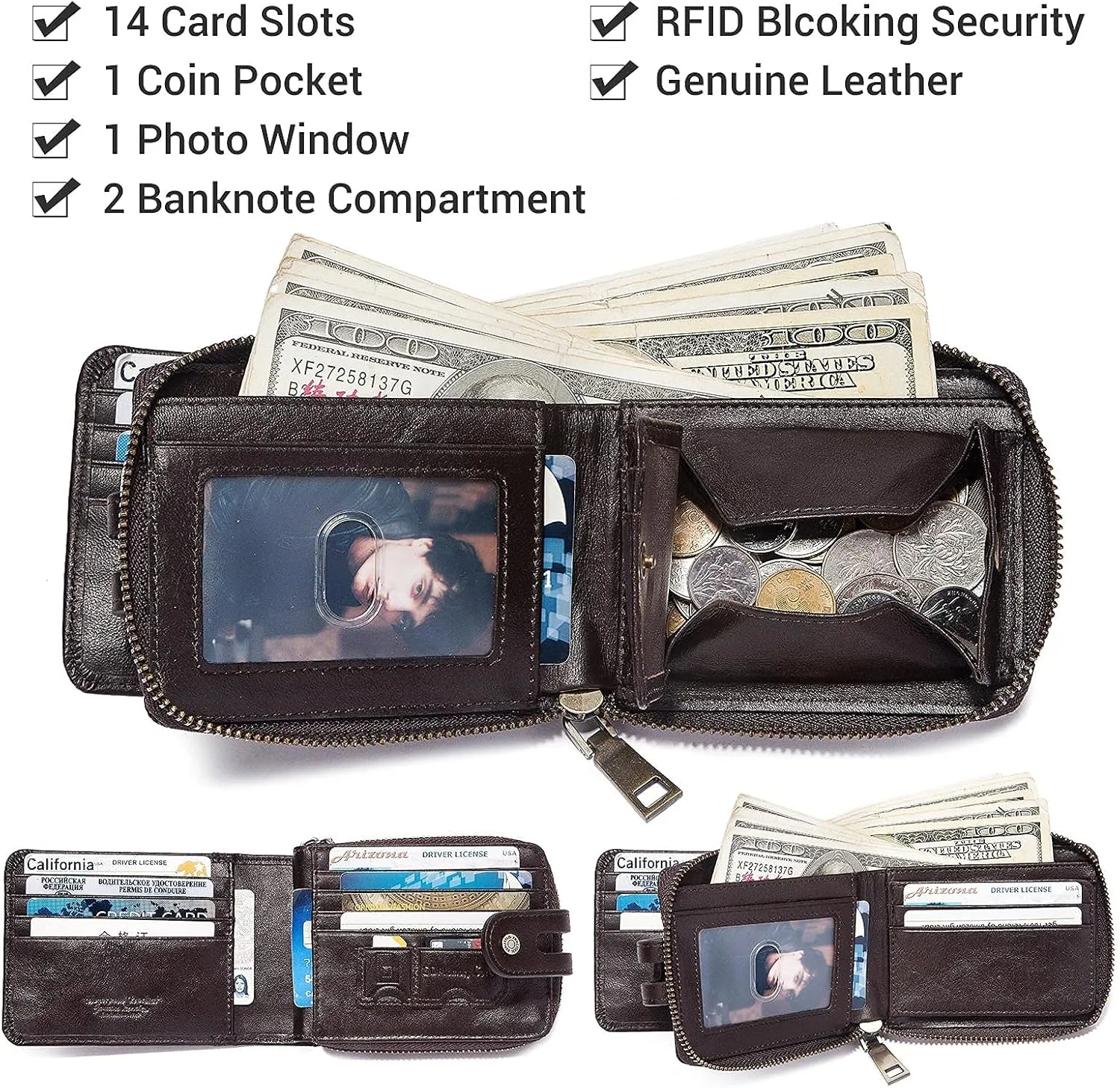 gzcz Zipper Wallet For Men Genuine Leather RFID Blocking Bifold Wallet for ID Window, Zip Coin Pocket and Credit Card Holders Large Capacity (Coffee)