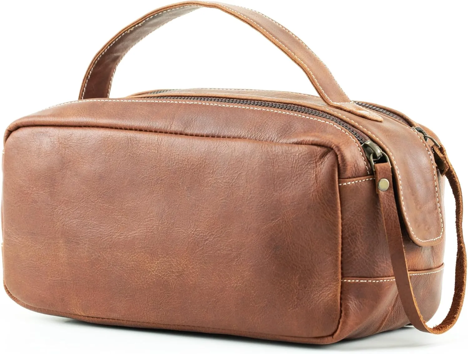 Handmade World Full Grain Buffalo Leather Toiletry Travel Pouch Golden Oak Wash Bag for Men and Women Leather Dopp Kit and Cosmetic Shaving Kit Bag