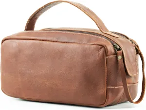Handmade World Full Grain Buffalo Leather Toiletry Travel Pouch Golden Oak Wash Bag for Men and Women Leather Dopp Kit and Cosmetic Shaving Kit Bag