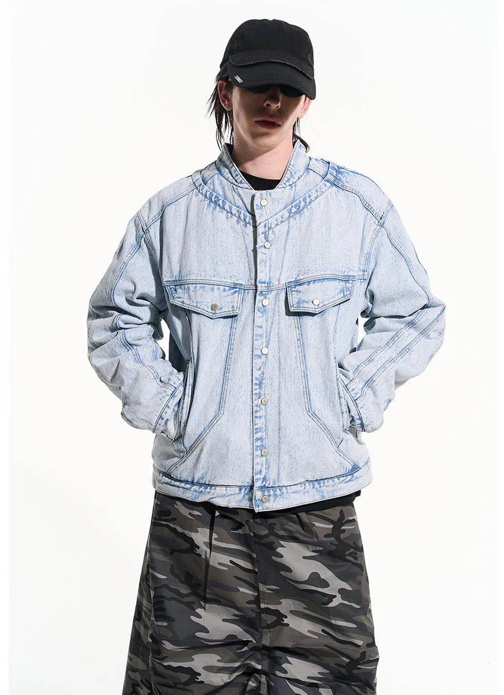 Heavy wash loose lapel denim jacket