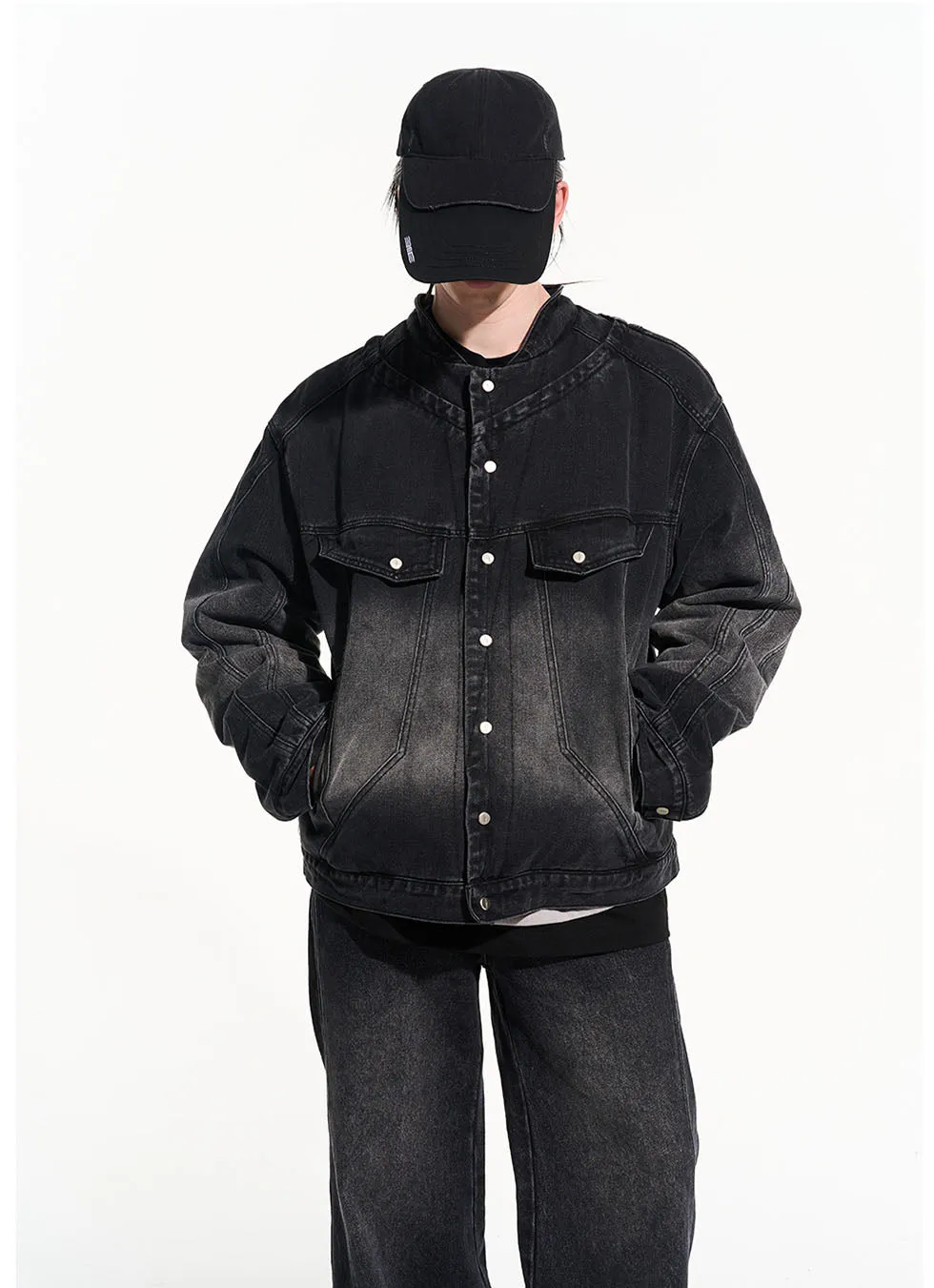 Heavy wash loose lapel denim jacket
