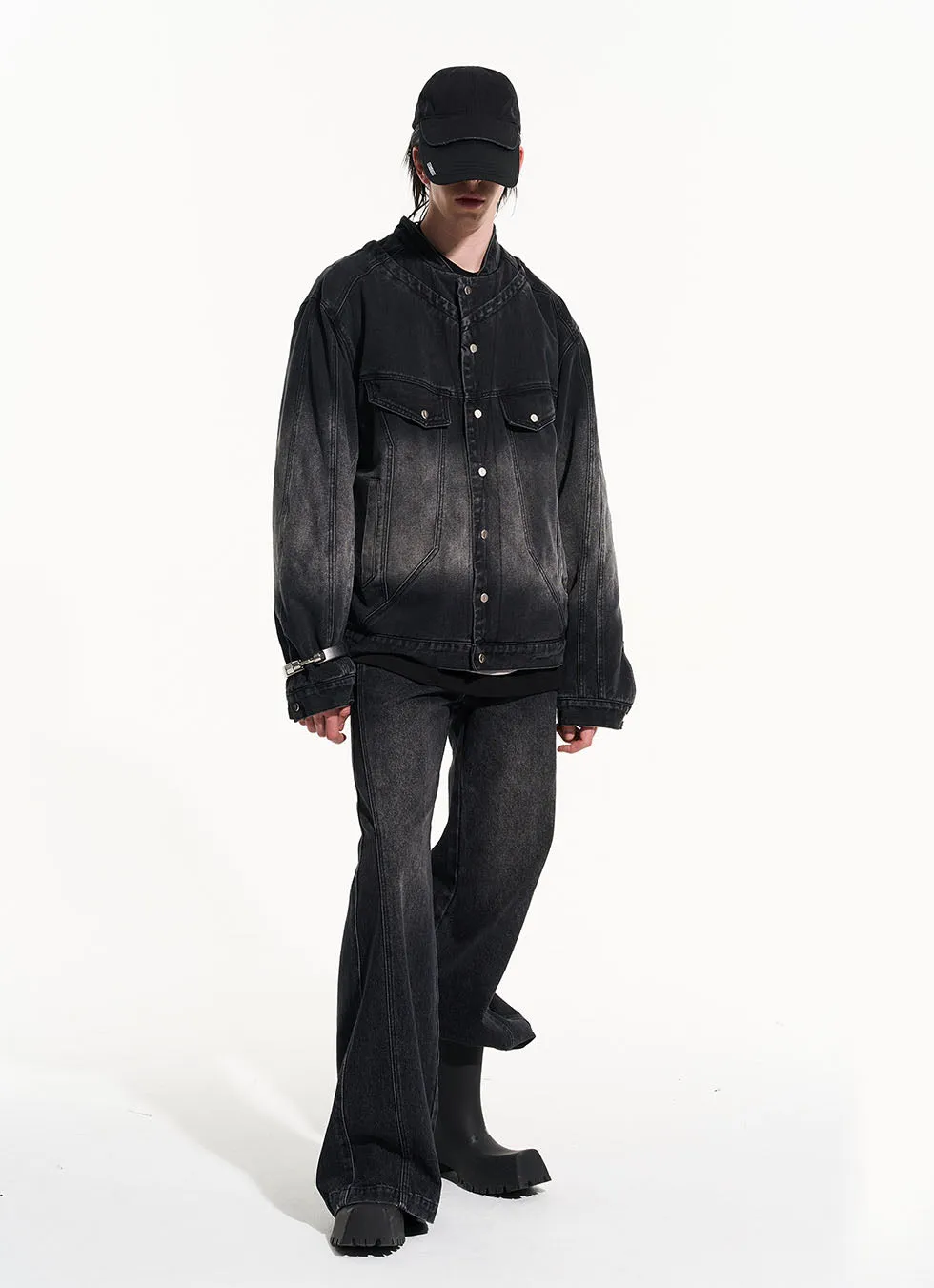 Heavy wash loose lapel denim jacket