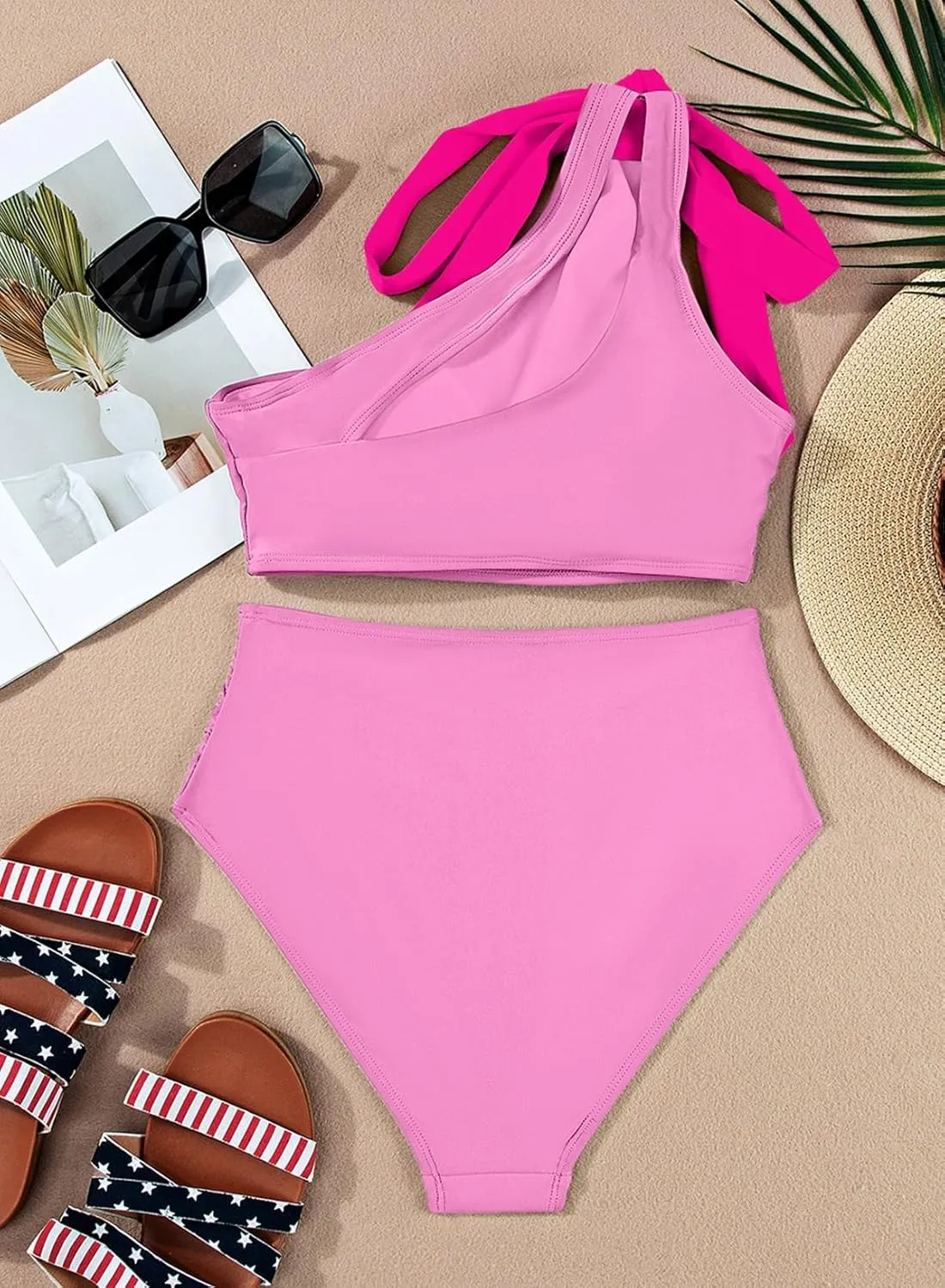 Herseas Women's One Bow Shoulder Bikini Sets 2 Piece Ruched Swimsuit Elegant Bathing Suit