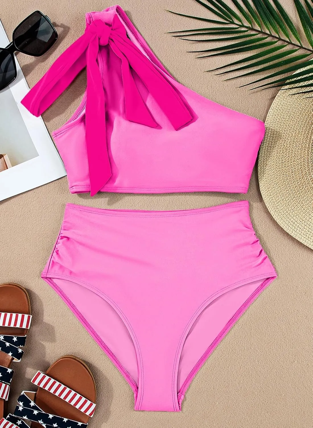 Herseas Women's One Bow Shoulder Bikini Sets 2 Piece Ruched Swimsuit Elegant Bathing Suit