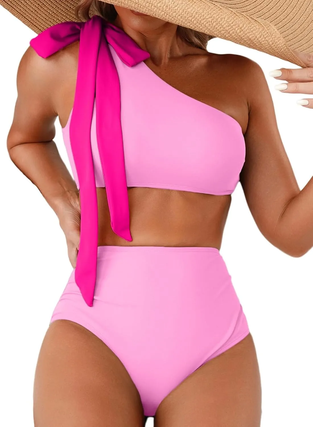 Herseas Women's One Bow Shoulder Bikini Sets 2 Piece Ruched Swimsuit Elegant Bathing Suit