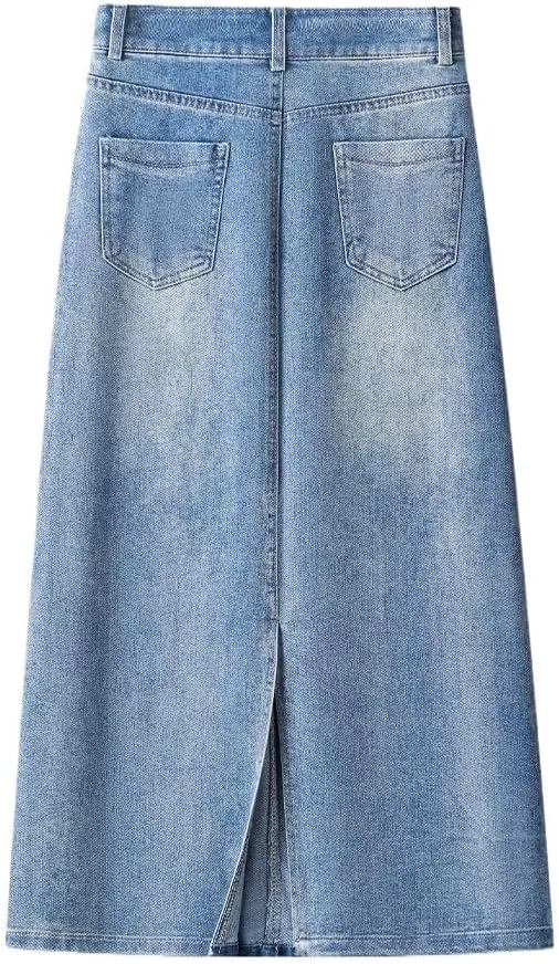 High-Waisted Denim Skirt for Women  Slimming Straight-Cut Midi Over-the-Knee Bodycon Skirt for Summer