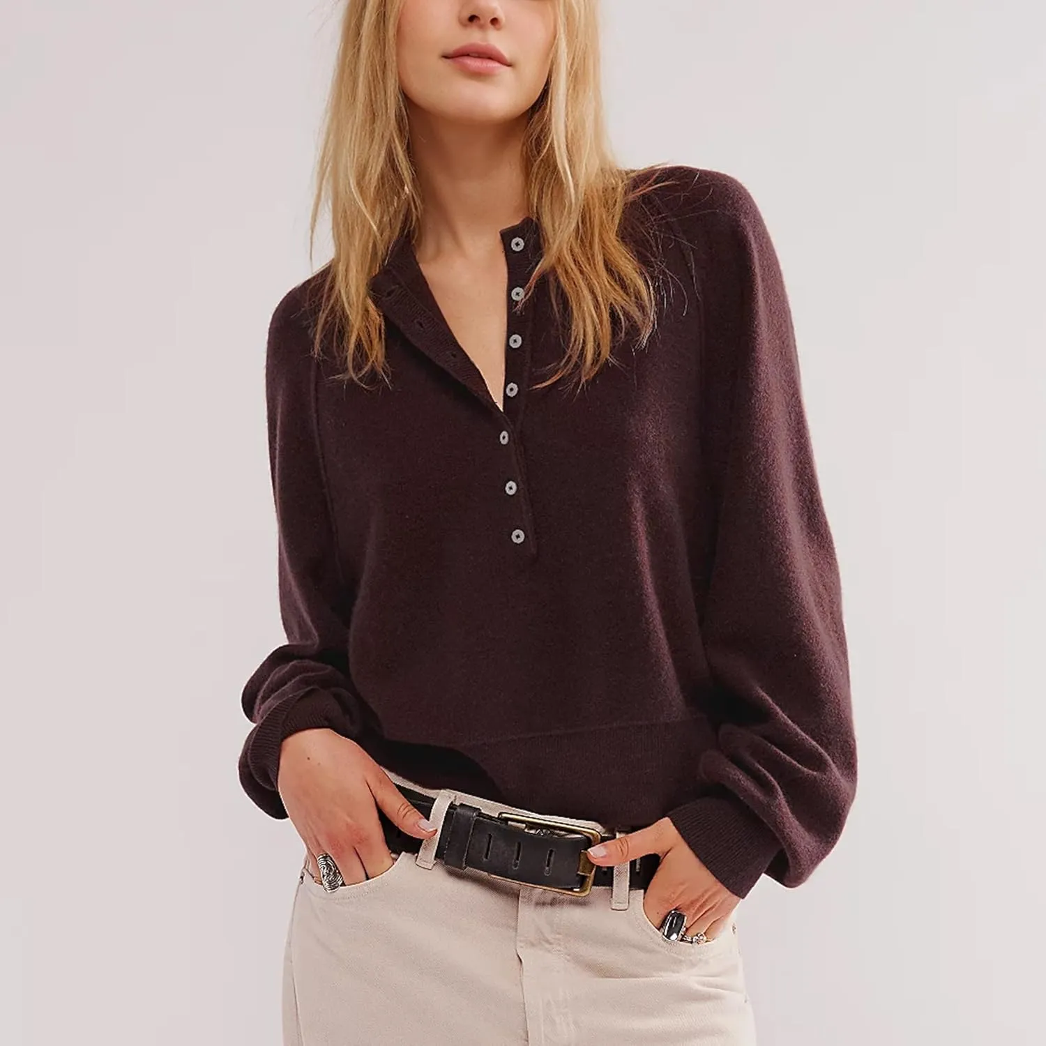 Hixiaohe Women's Long Sleeve Button Down Sweater Knitted Pullover Henley Shirts Casual Tops Lightweight Trendy Outfits