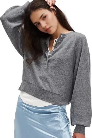 Hixiaohe Women's Long Sleeve Button Down Sweater Knitted Pullover Henley Shirts Casual Tops Lightweight Trendy Outfits
