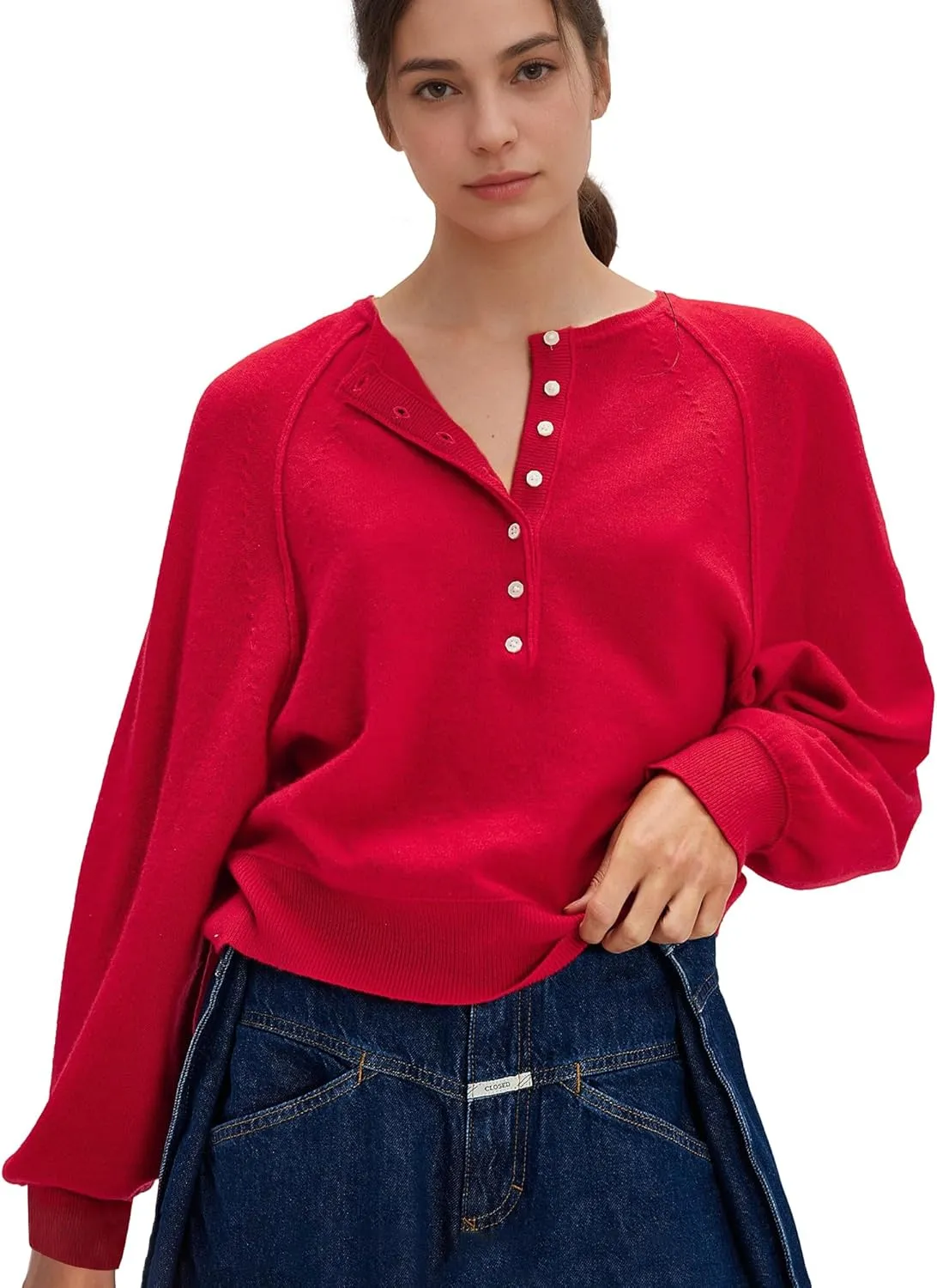 Hixiaohe Women's Long Sleeve Button Down Sweater Knitted Pullover Henley Shirts Casual Tops Lightweight Trendy Outfits