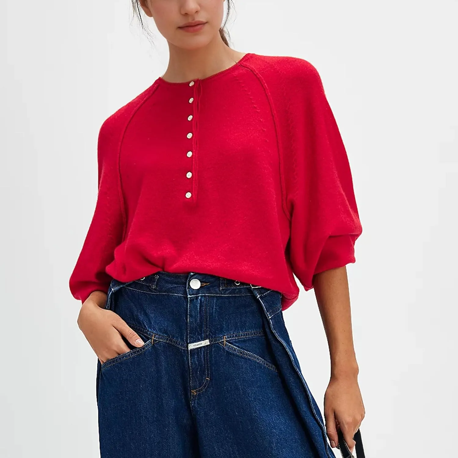 Hixiaohe Women's Long Sleeve Button Down Sweater Knitted Pullover Henley Shirts Casual Tops Lightweight Trendy Outfits