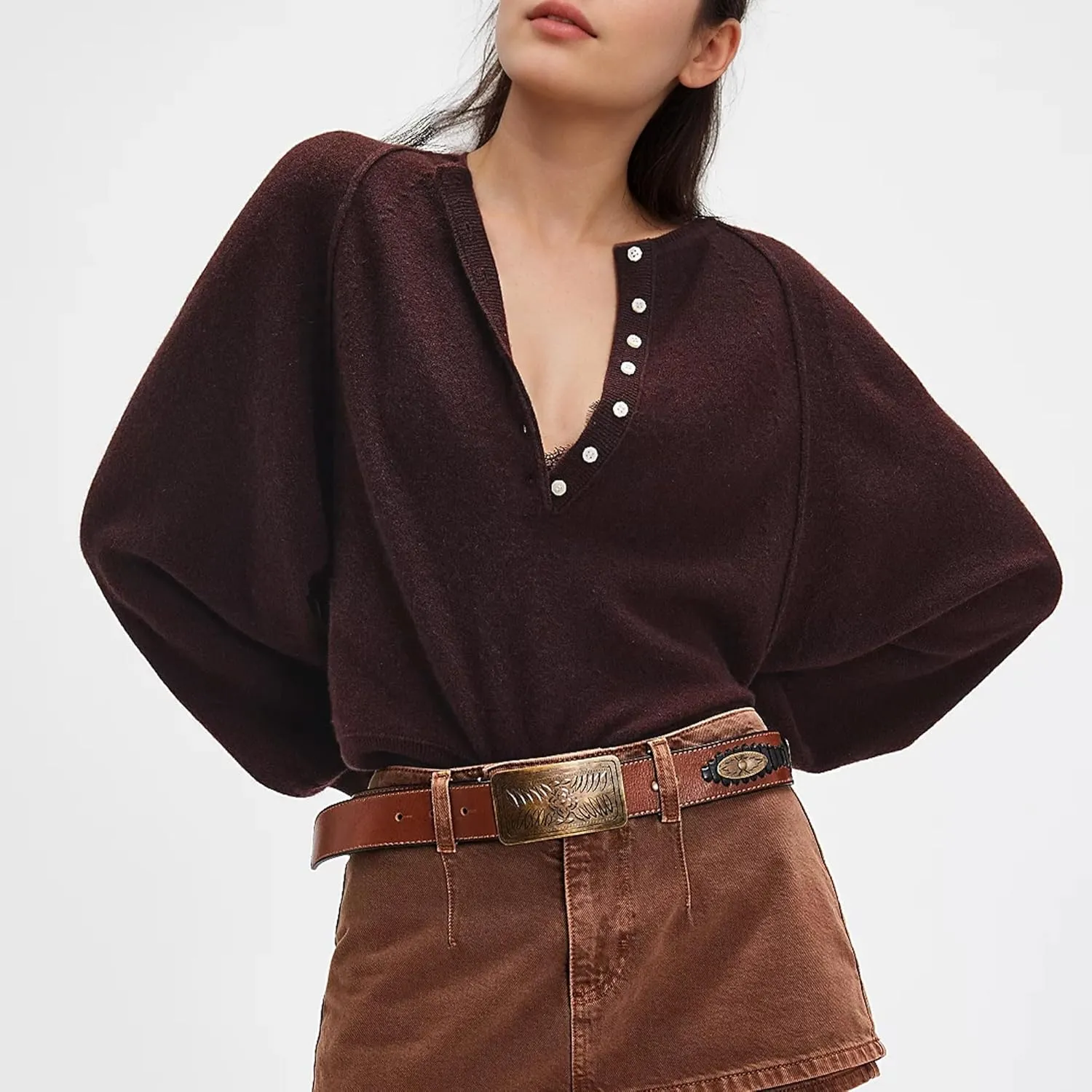 Hixiaohe Women's Long Sleeve Button Down Sweater Knitted Pullover Henley Shirts Casual Tops Lightweight Trendy Outfits