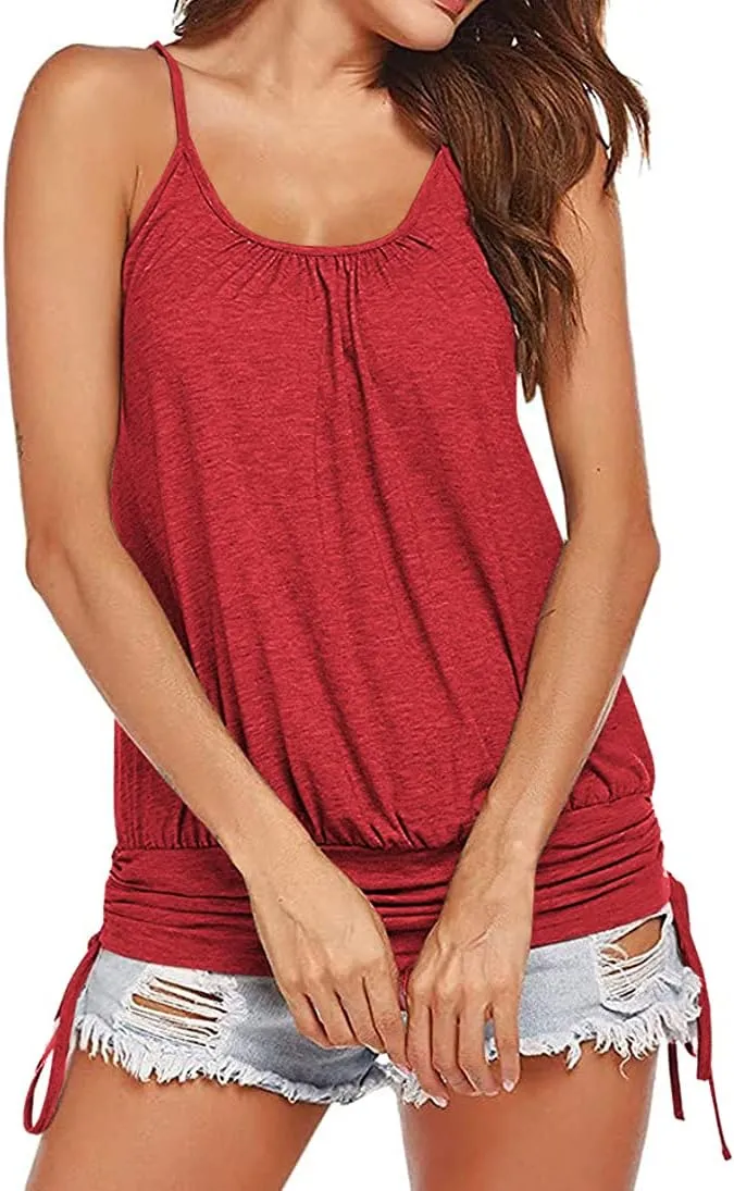 Hongqizo Women Summer Tank Tops Casual Spaghetti Strap Banded Bottom Loose Camisole Side Shirring Lace Up Shirts