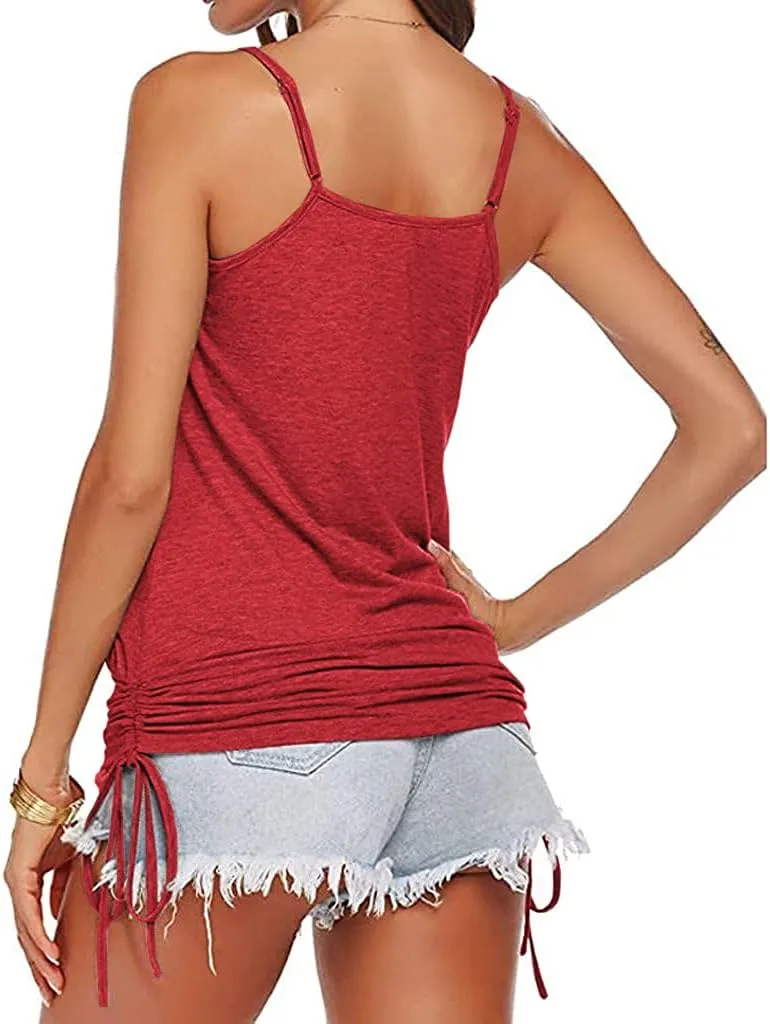 Hongqizo Women Summer Tank Tops Casual Spaghetti Strap Banded Bottom Loose Camisole Side Shirring Lace Up Shirts