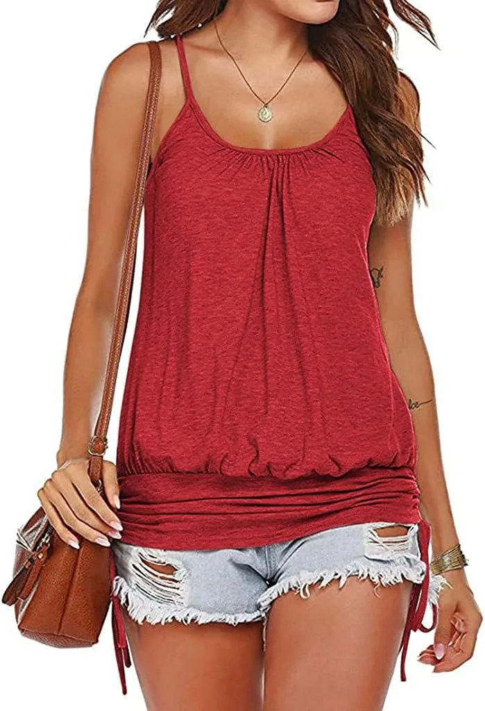 Hongqizo Women Summer Tank Tops Casual Spaghetti Strap Banded Bottom Loose Camisole Side Shirring Lace Up Shirts