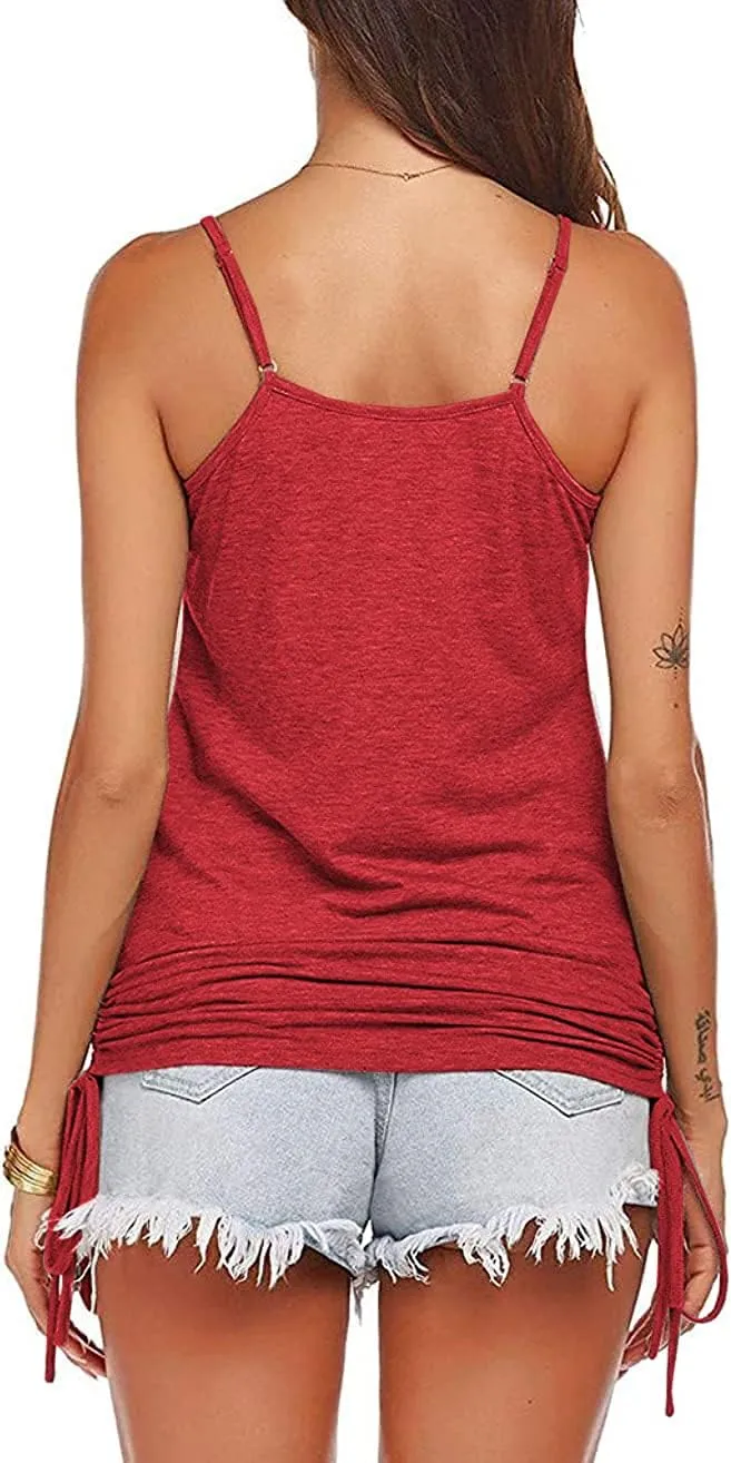 Hongqizo Women Summer Tank Tops Casual Spaghetti Strap Banded Bottom Loose Camisole Side Shirring Lace Up Shirts