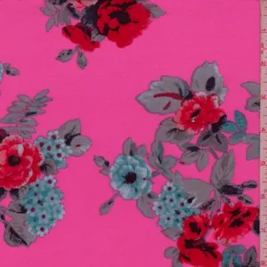 Hot Pink/Blue Multi Floral Brushed Jersey Knit Fabric