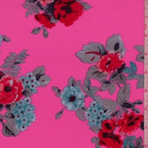 Hot Pink/Blue Multi Floral Brushed Jersey Knit Fabric