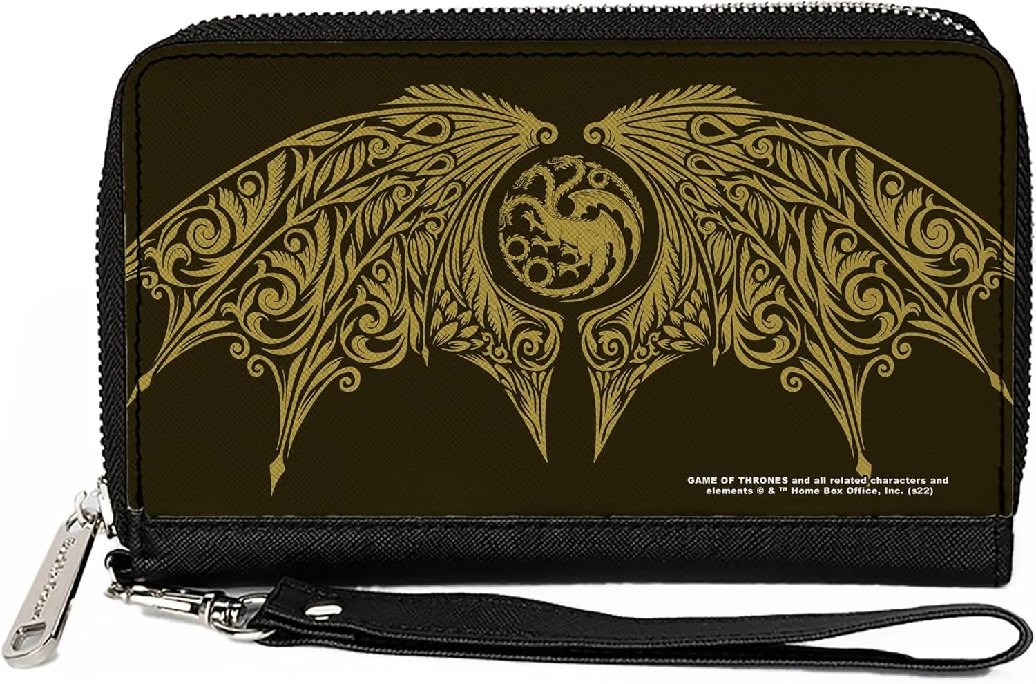 House of the Dragon Wallet, Zip Around, House of the Dragon Icon and Wings Black Yellow, Vegan Leather