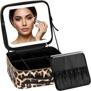 IPOW Travel Makeup Bag with LED Mirror, 3 Adjustable Light Settings, Customizable Dividers, Portable Travel Organizer, USB Charging, leopard print,Small