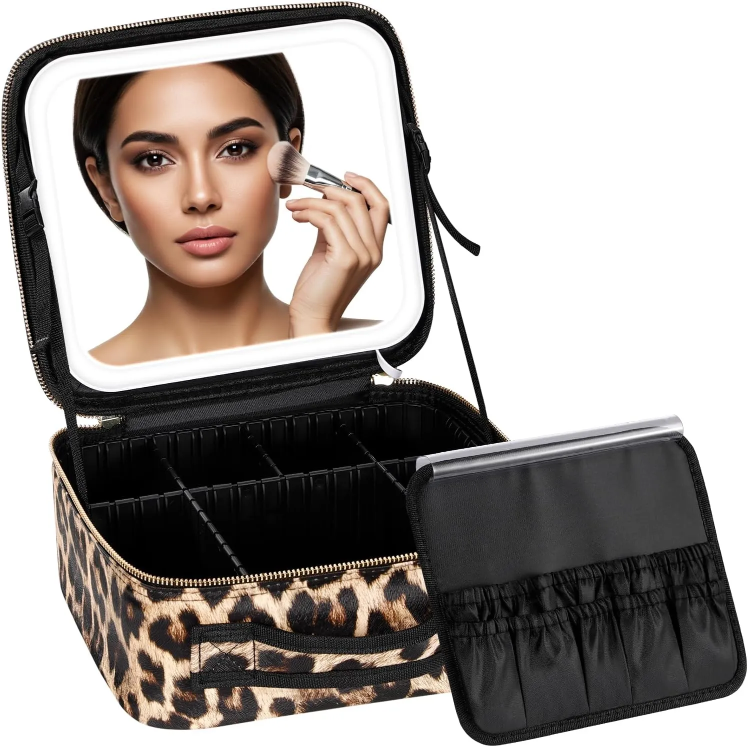 IPOW Travel Makeup Bag with LED Mirror, 3 Adjustable Light Settings, Customizable Dividers, Portable Travel Organizer, USB Charging, leopard print,Small