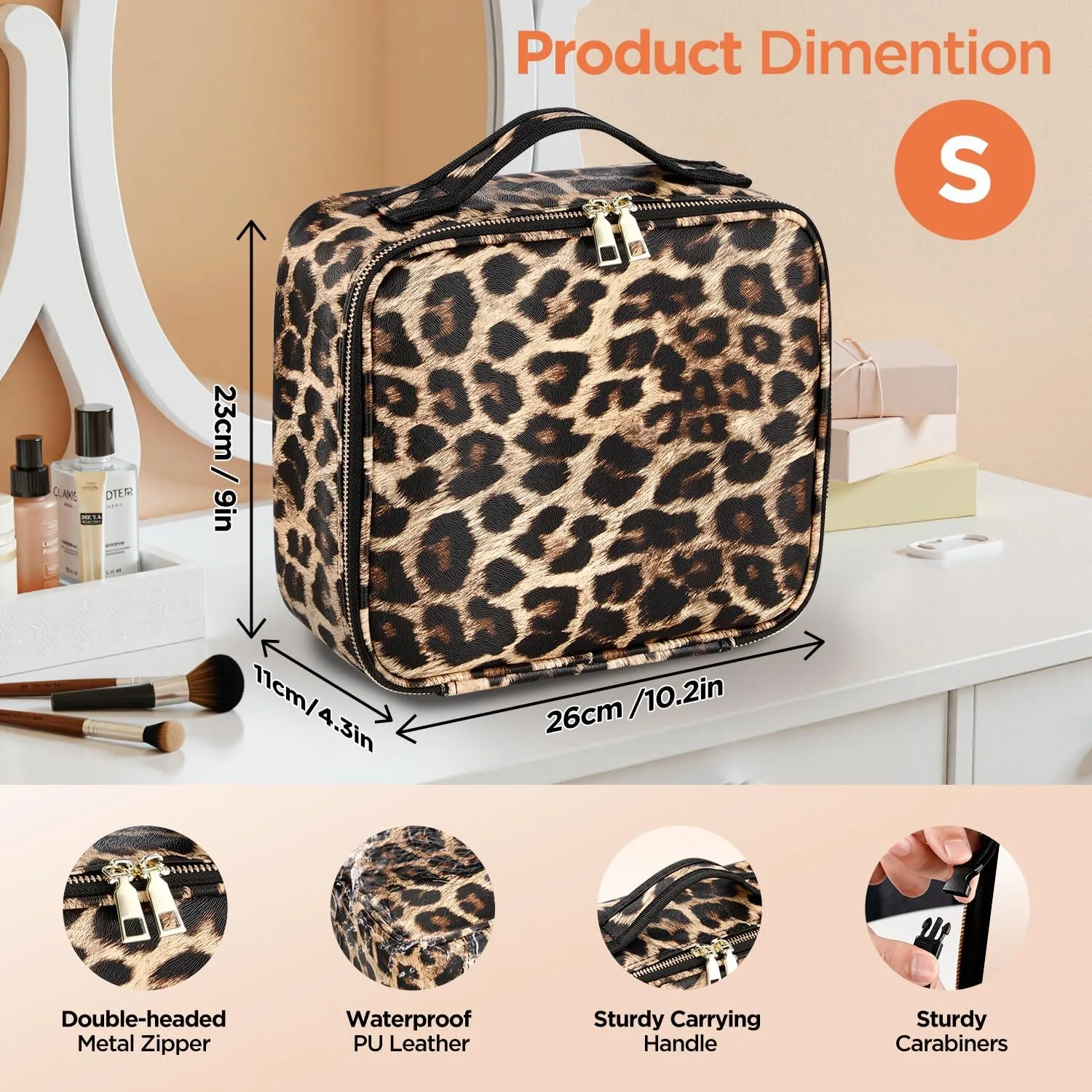 IPOW Travel Makeup Bag with LED Mirror, 3 Adjustable Light Settings, Customizable Dividers, Portable Travel Organizer, USB Charging, leopard print,Small
