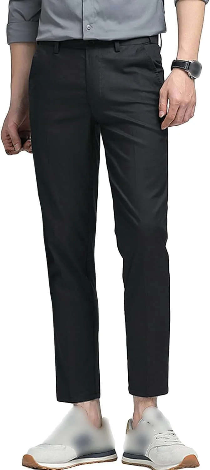 JEShifangjiusu Men Classic Fit Flat Front Dress Pants No Iron Premium Casual Pants Fashion Stretch Business Dress Chino Pants, Black, 29