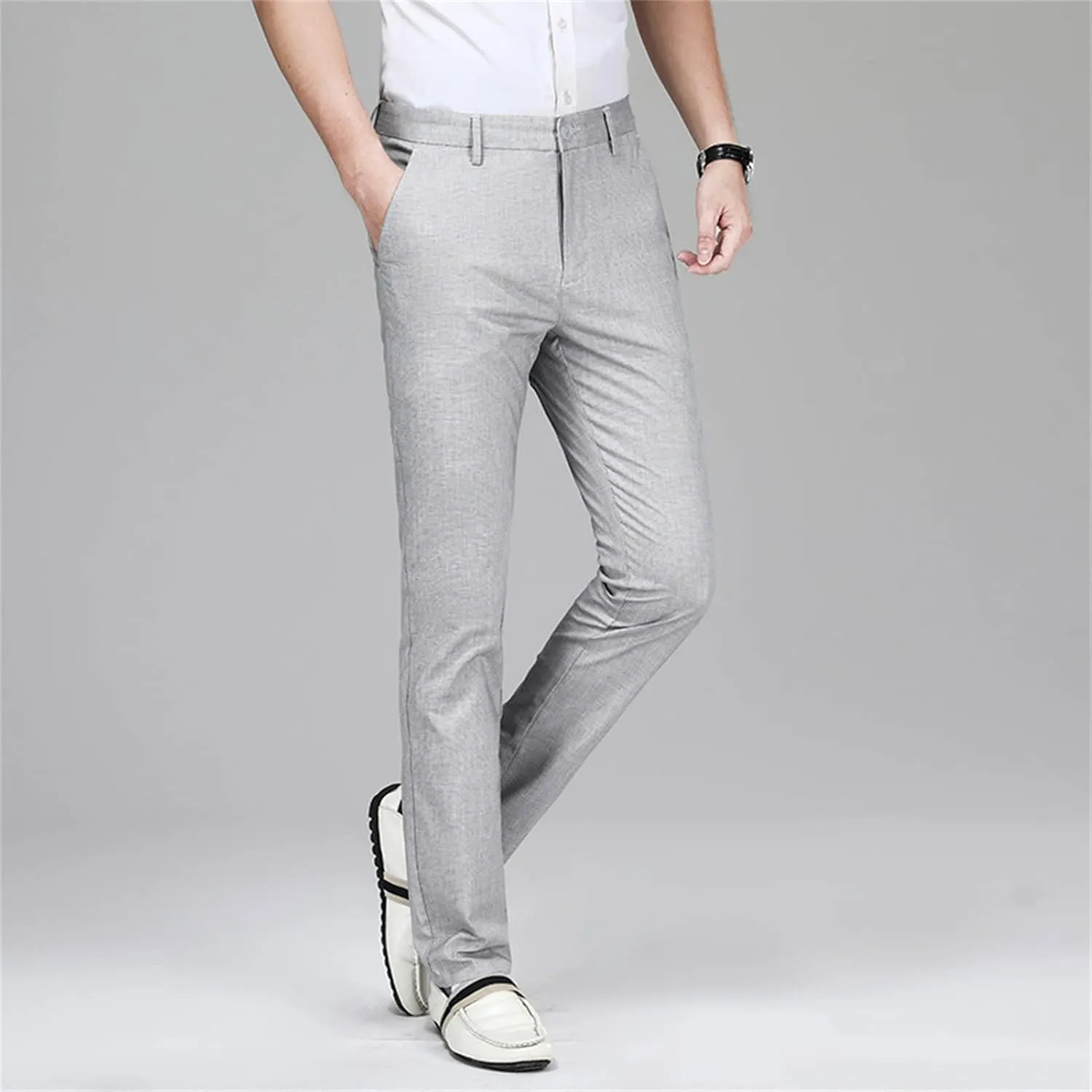 JEShifangjiusu Men's Classic Fit Flat Front Pant Stretch Solid Chino Deck Pant Dress Pants Casual Slim Fit Business Trousers