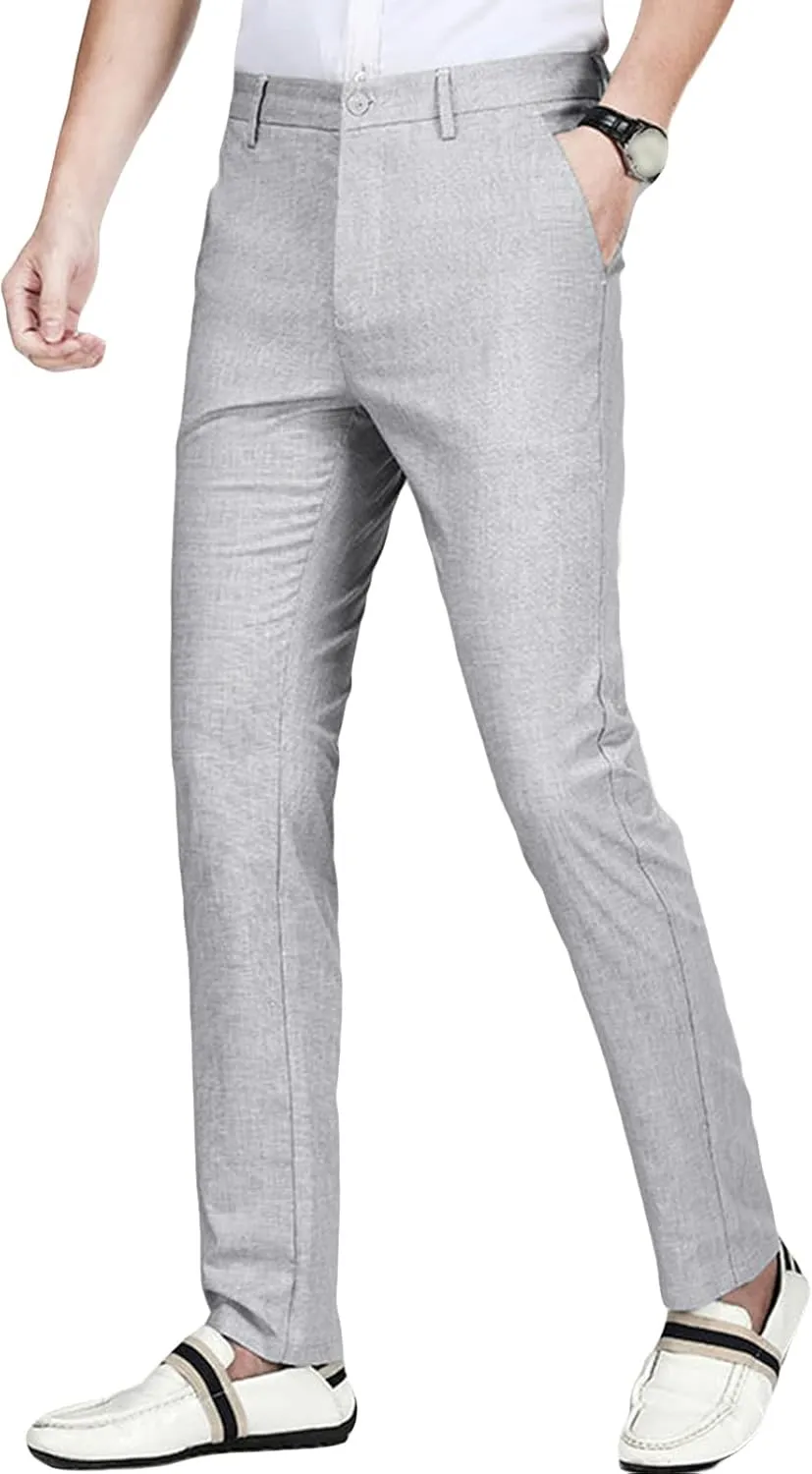 JEShifangjiusu Men's Classic Fit Flat Front Pant Stretch Solid Chino Deck Pant Dress Pants Casual Slim Fit Business Trousers