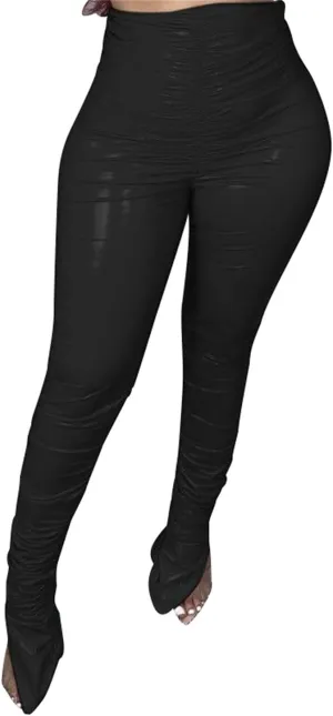 JEShifangjiusu Women Faux Leather Leggings Pants High Waist Straight Wide Leg PU Pleather Casual Solid Trousers Pockets